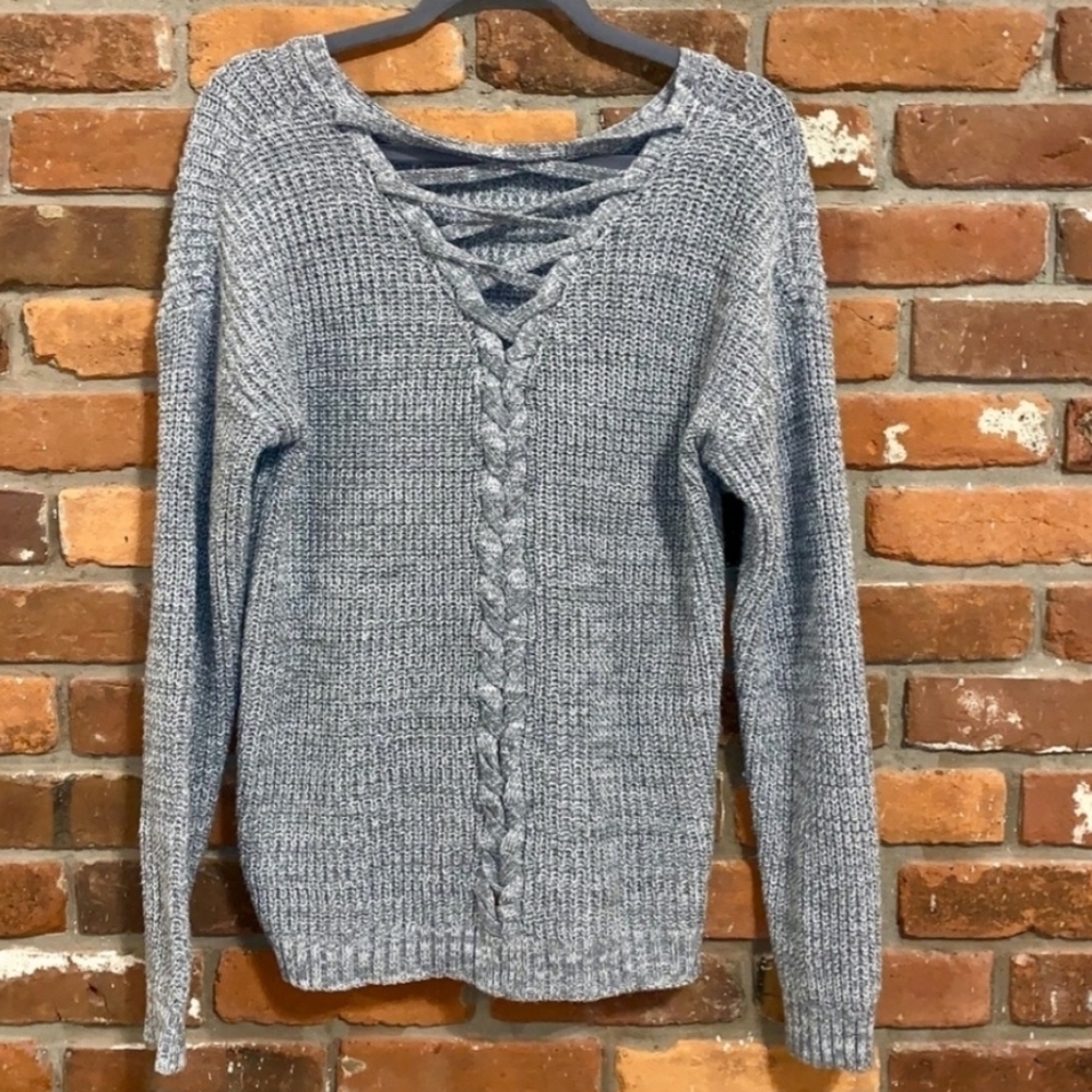Madison Lilly Stitch Fix Grey Loose Knit Sweater Women's Small S Lace Up Back